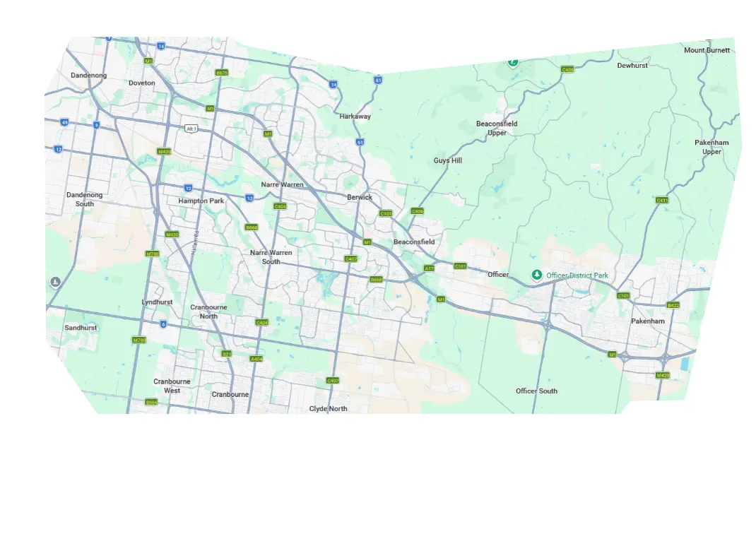  Beaconsfield, Beaconsfield Upper, Berwick, Botanic Ridge, Cardinia, Carrum Downs, Clyde, Cranbourne, Dandenong, Dewhurst, Doveton, Endeavour Hills, Eumemmerring, Guys Hill, Hallam, Hampton Park, Harkaway, Lynbrook, Lyndhurst, Mount Burnett, Narre Warren, Noble Park, Officer, Pakenham, Pakenham Upper, Sandhurst, and Skye.